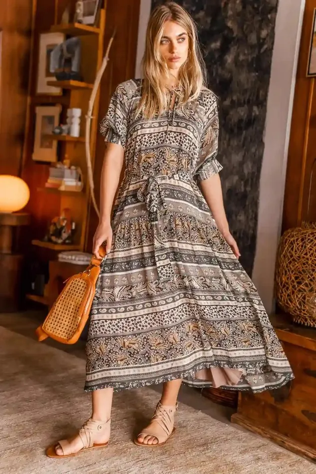Amara Printed Midi Dress 8211 FINAL SALE Olive Women Bohme Dresses
