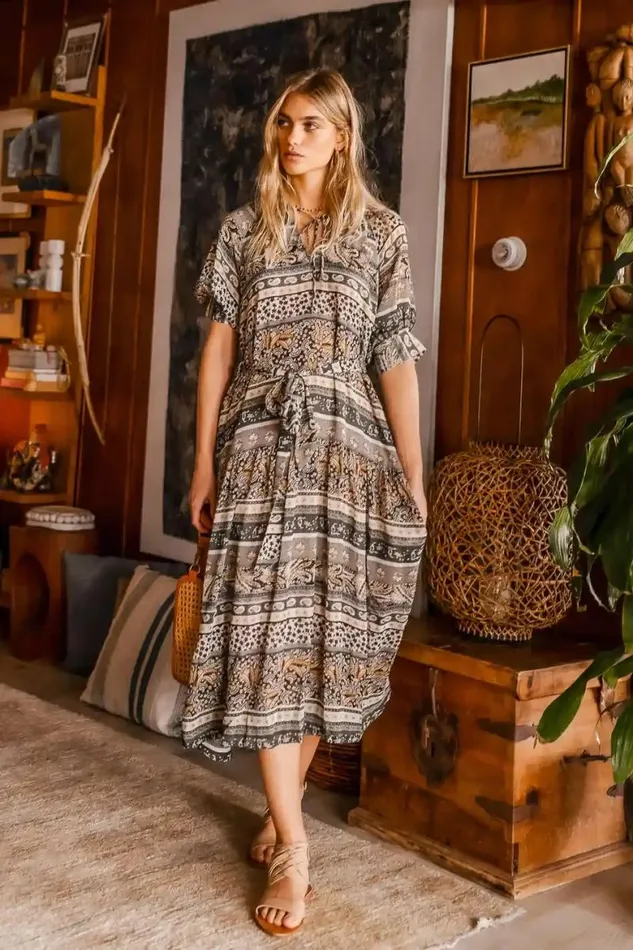 Amara Printed Midi Dress 8211 FINAL SALE Olive Women Bohme Dresses