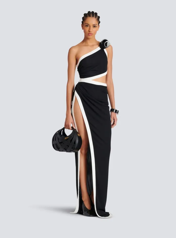 Asymmetric Dress With Rose Detail Black Women Balmain Dresses