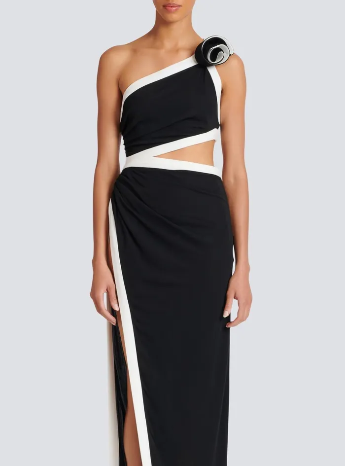 Asymmetric Dress With Rose Detail Black Women Balmain Dresses