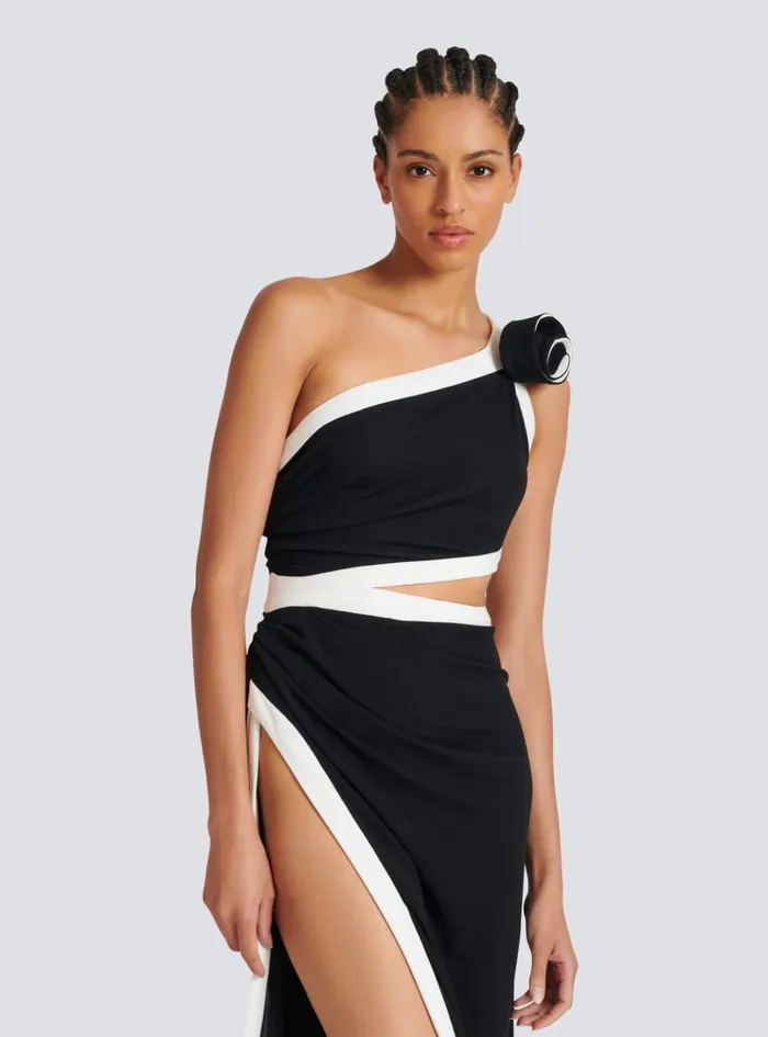 Asymmetric Dress With Rose Detail Black Women Balmain Dresses