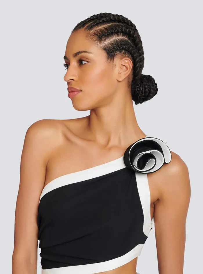 Asymmetric Dress With Rose Detail Black Women Balmain Dresses