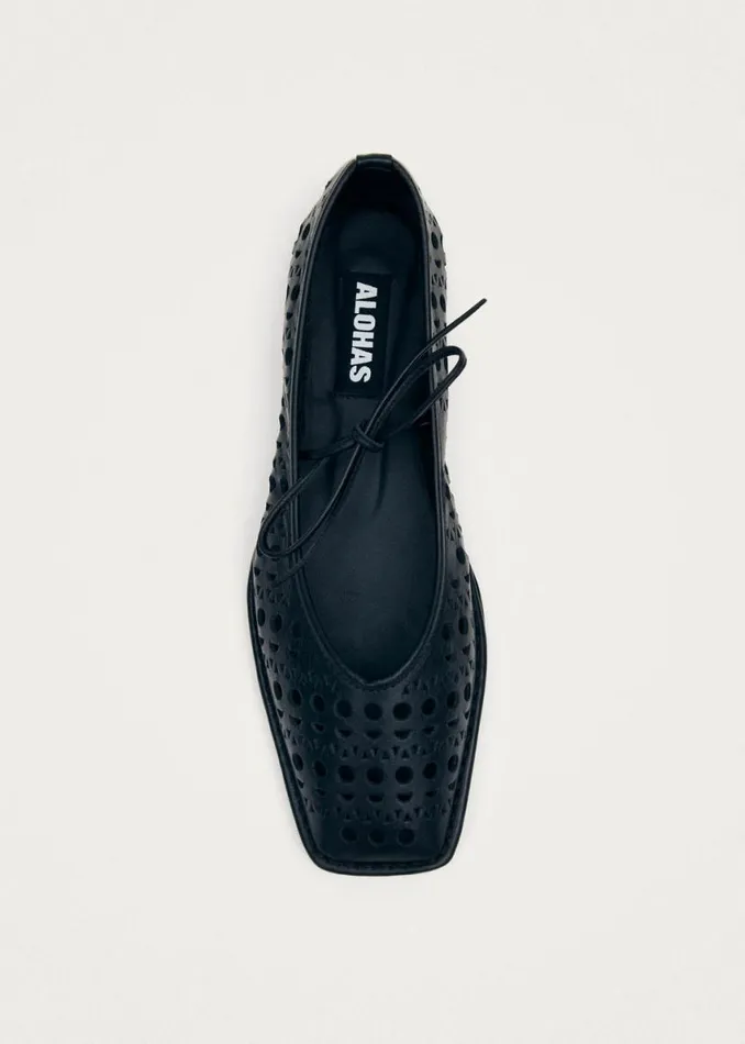 Ballet Flats Women ALOHAS Sway Slit Black Leather Ballet Flats