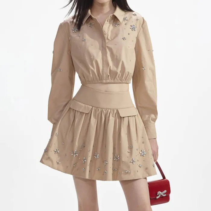 Beige Cotton Embellished Top Women Self Portrait Tops