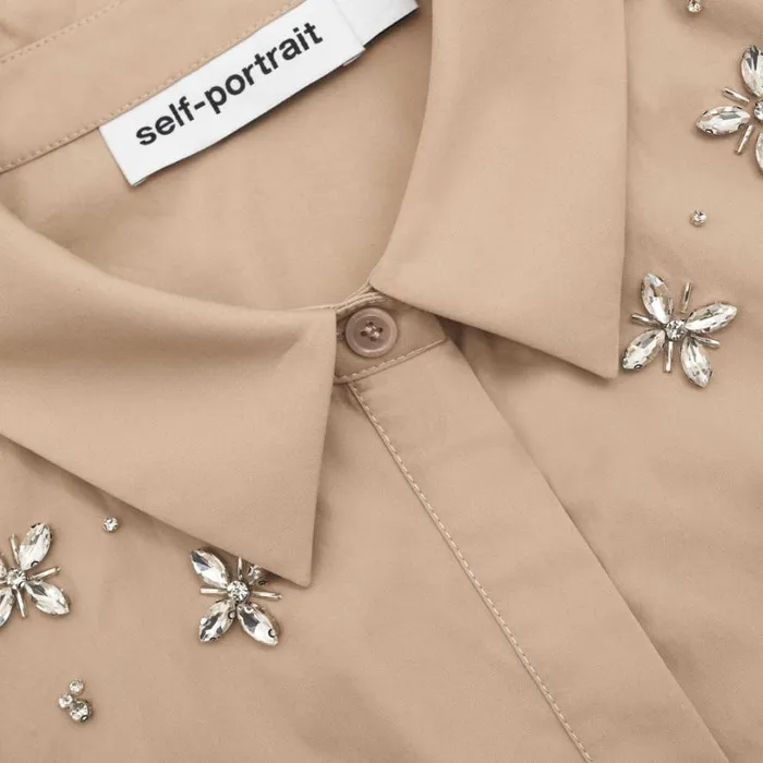 Beige Cotton Embellished Top Women Self Portrait Tops