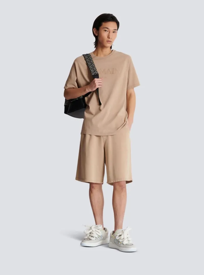 Bermuda Shorts With Vintage Embroidery Beige Men Balmain Trousers And Shorts