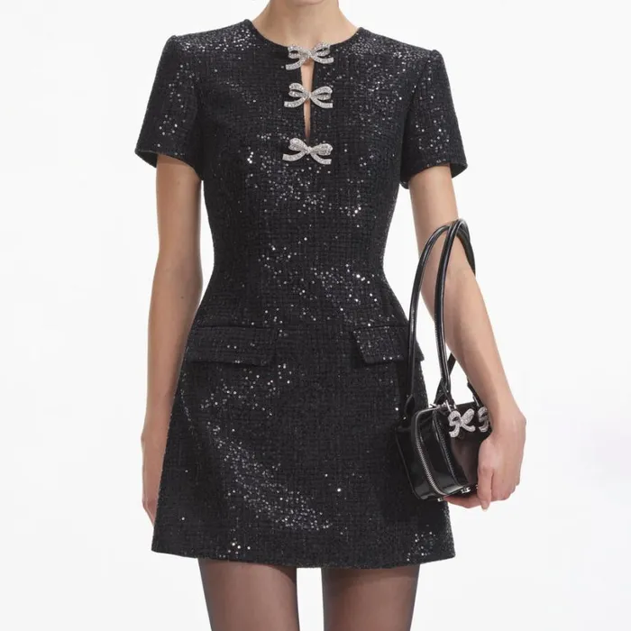 Black Boucle Bow Mini Dress Women Self Portrait Dresses Black Boucle Bow Mini Dress Women Self Portrait Dresses