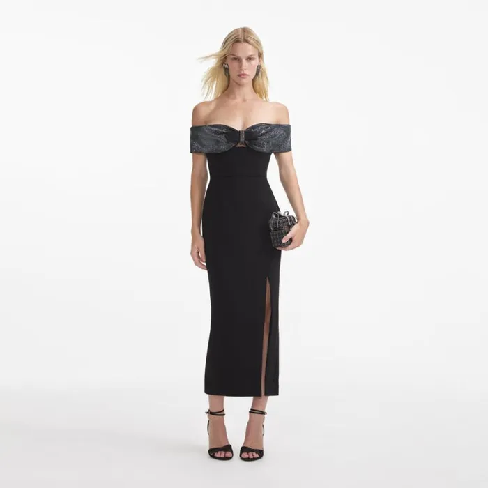 Black Crepe Bow Midi Dress Women Self Portrait Dresses