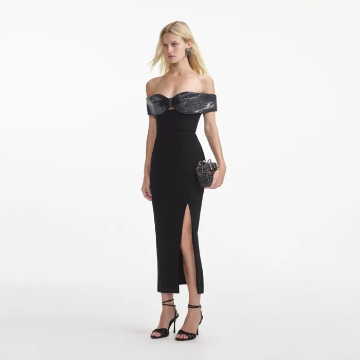 Black Crepe Bow Midi Dress Women Self Portrait Dresses Black Crepe Bow Midi Dress Women Self Portrait Dresses