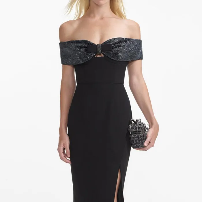 Black Crepe Bow Midi Dress Women Self Portrait Dresses Black Crepe Bow Midi Dress Women Self Portrait Dresses