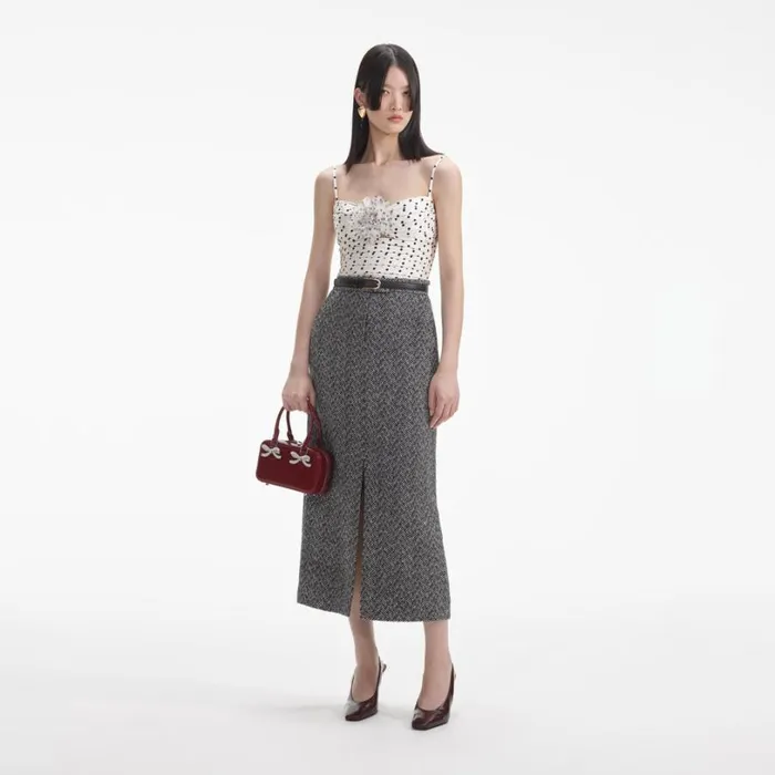 Black Herringbone Midi Skirt Women Self Portrait Bottoms