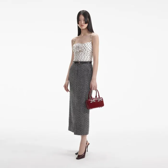 Black Herringbone Midi Skirt Women Self Portrait Bottoms