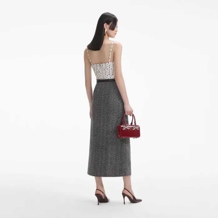 Black Herringbone Midi Skirt Women Self Portrait Bottoms