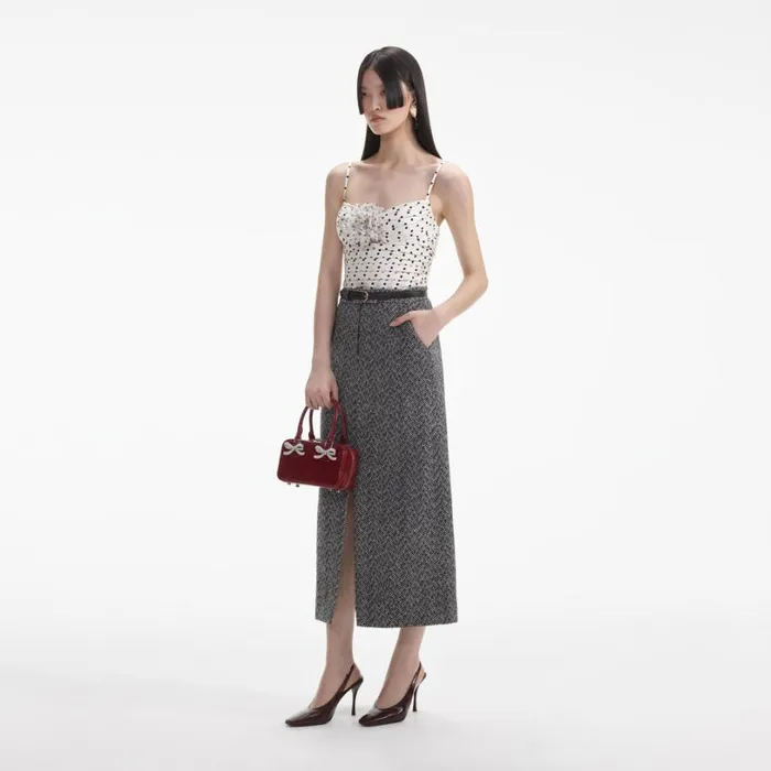 Black Herringbone Midi Skirt Women Self Portrait Bottoms