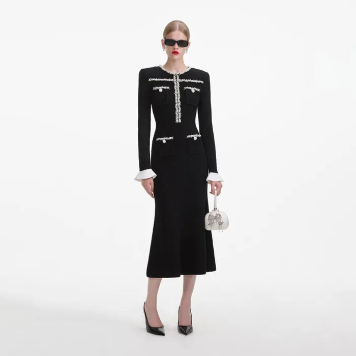 Black Pearl Trim Knit Midi Dress Women Self Portrait Dresses