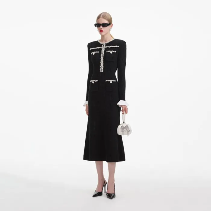 Black Pearl Trim Knit Midi Dress Women Self Portrait Dresses