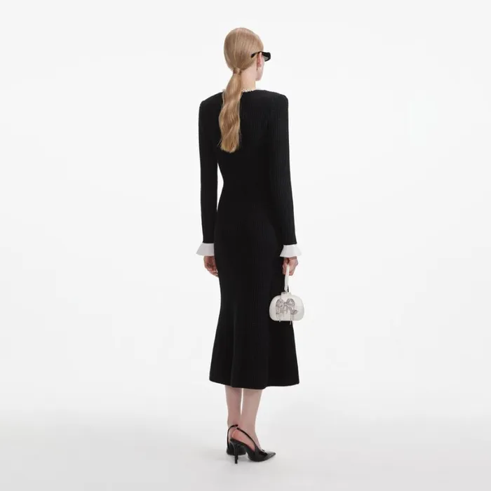 Black Pearl Trim Knit Midi Dress Women Self Portrait Dresses