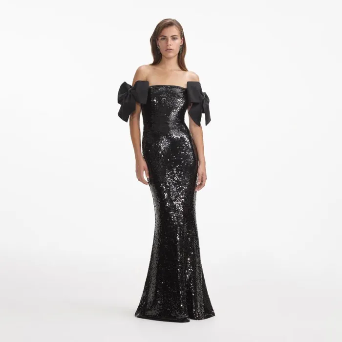 Black Sequin Bow Maxi Dress Women Self Portrait Dresses
