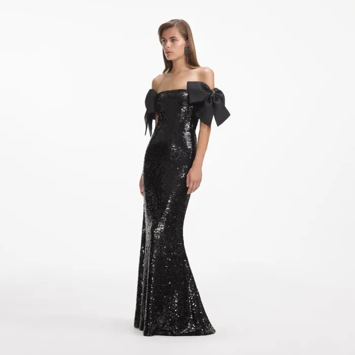 Black Sequin Bow Maxi Dress Women Self Portrait Dresses Black Sequin Bow Maxi Dress Women Self Portrait Dresses
