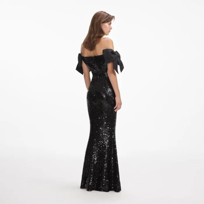 Black Sequin Bow Maxi Dress Women Self Portrait Dresses Black Sequin Bow Maxi Dress Women Self Portrait Dresses