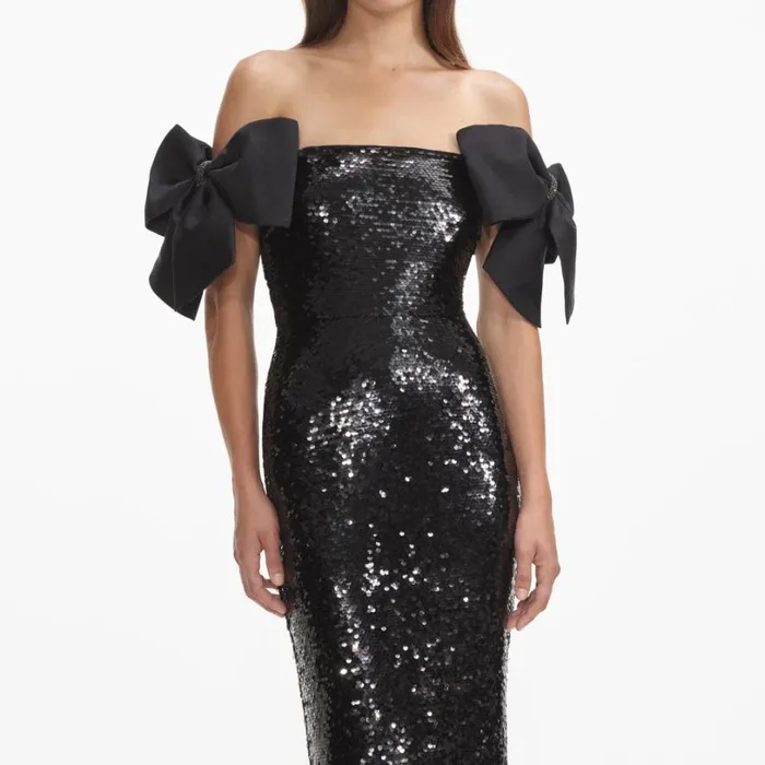 Black Sequin Bow Maxi Dress Women Self Portrait Dresses Black Sequin Bow Maxi Dress Women Self Portrait Dresses