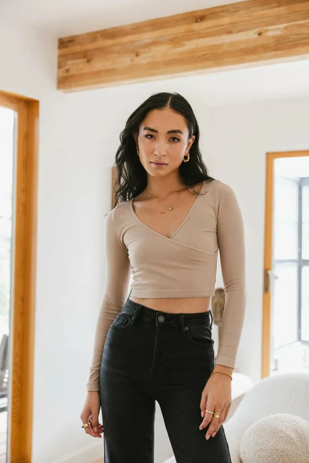 Blair Surplice Crop Top In Mocha Mocha Women Bohme Tops