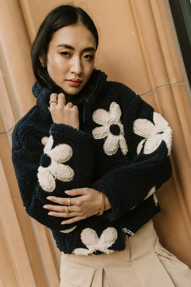 BlankNYC Floral Teddy Jacket In Navy Navy Women Bohme Outerwear