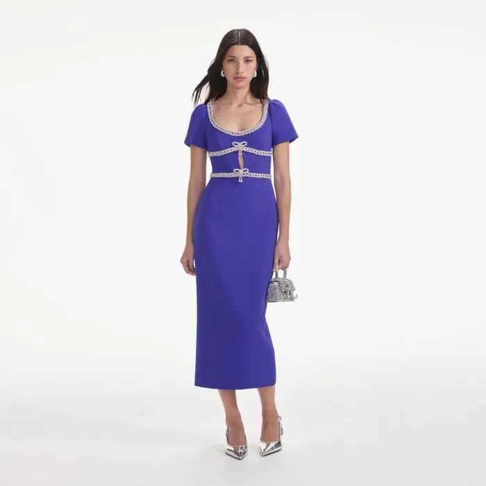 Blue Diamante Bow Trim Midi Dress Women Self Portrait Dresses