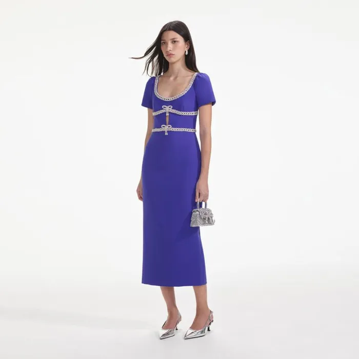 Blue Diamante Bow Trim Midi Dress Women Self Portrait Dresses Blue Diamante Bow Trim Midi Dress Women Self Portrait Dresses