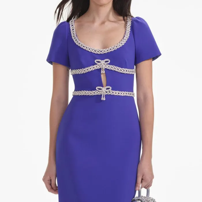 Blue Diamante Bow Trim Midi Dress Women Self Portrait Dresses Blue Diamante Bow Trim Midi Dress Women Self Portrait Dresses