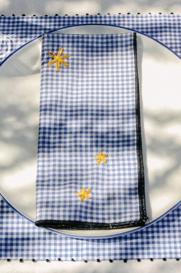 Blue Gingham Embroidered Napkin Set Women Chan Luu Home
