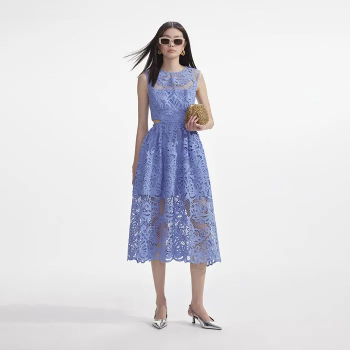 Blue Lace Cut Out Midi Dress Women Self Portrait Dresses