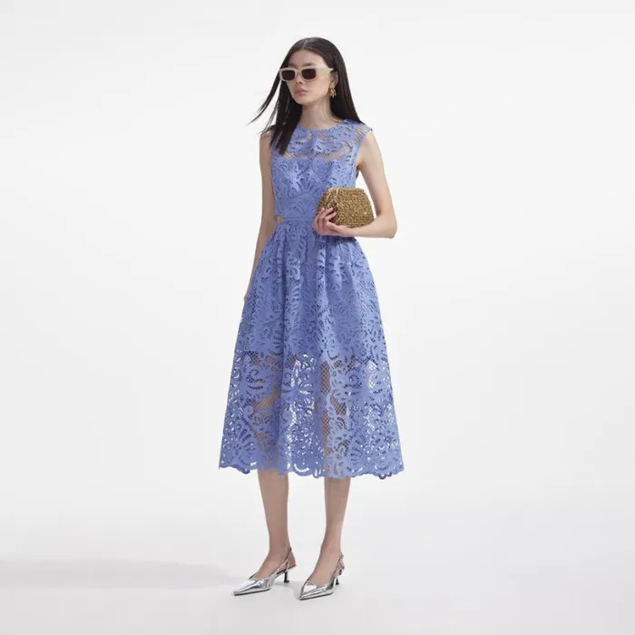 Blue Lace Cut Out Midi Dress Women Self Portrait Dresses