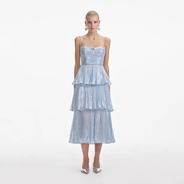 Blue Metallic Tiered Midi Dress Women Self Portrait Dresses
