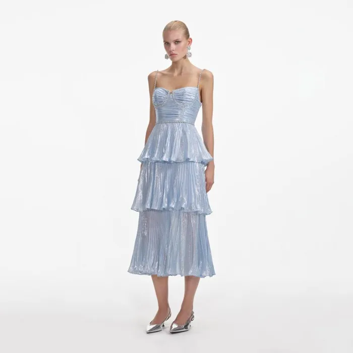 Blue Metallic Tiered Midi Dress Women Self Portrait Dresses Blue Metallic Tiered Midi Dress Women Self Portrait Dresses