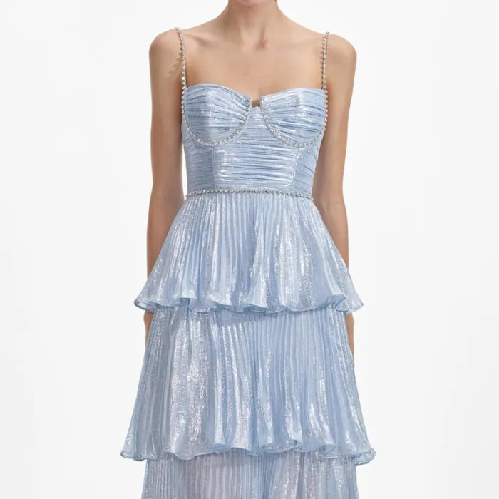 Blue Metallic Tiered Midi Dress Women Self Portrait Dresses Blue Metallic Tiered Midi Dress Women Self Portrait Dresses
