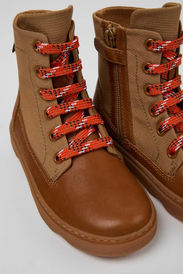 Boots Kids Camper Kiddo Brown Leather And Textile Ankle Boots