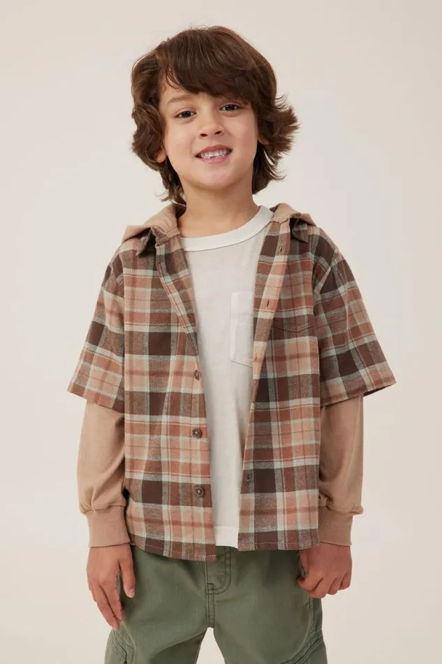 Boys 214 Shirts Cotton On Rugged Long Sleeve Layered Shirt Hot Choccyplaid