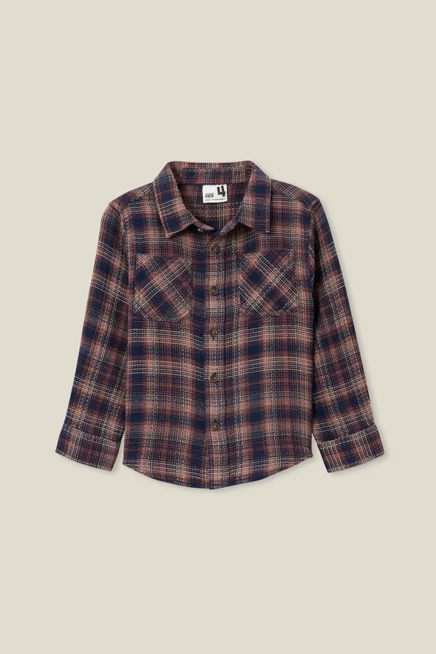Boys 214 Shirts Cotton On Rugged Long Sleeve Shirt Crushed Berrytaupy Brown Waffle Plaid