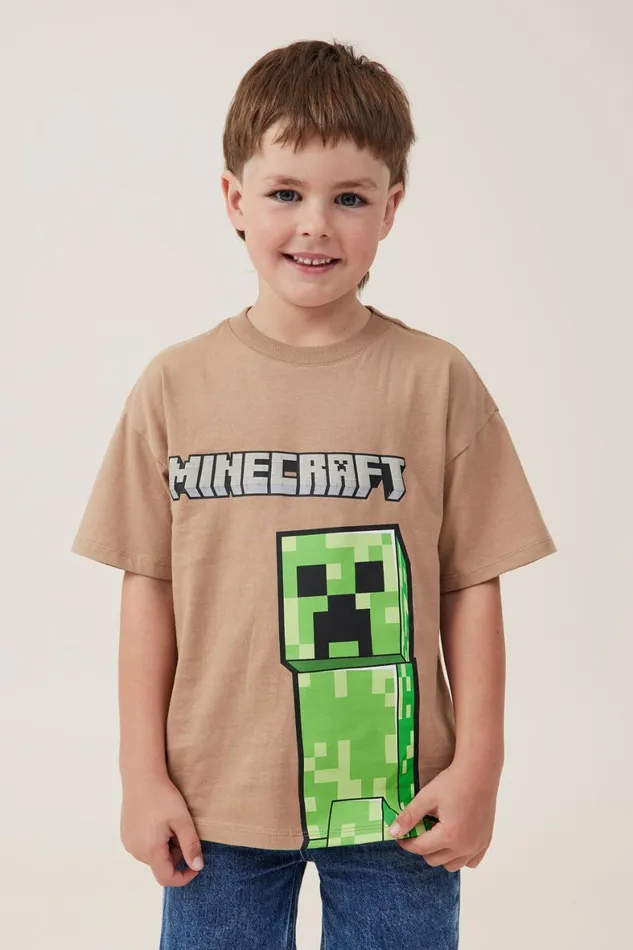 Boys 214 Tops and TShirts Cotton On License Drop Shoulder Short Sleeve Tee Lcn Min Taupy Brownminecraft Creeper