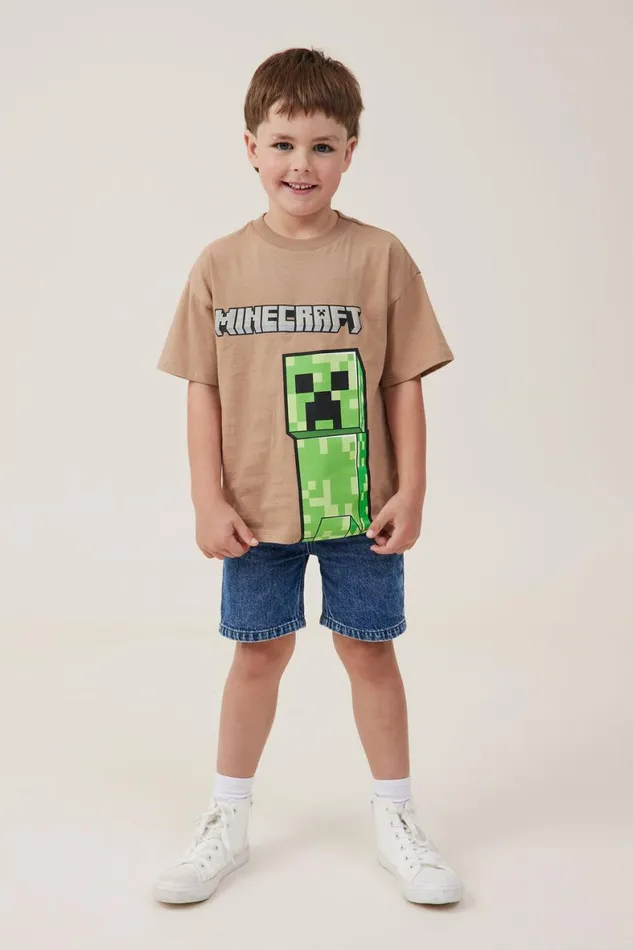Boys 214 Tops and TShirts Cotton On License Drop Shoulder Short Sleeve Tee Lcn Min Taupy Brownminecraft Creeper
