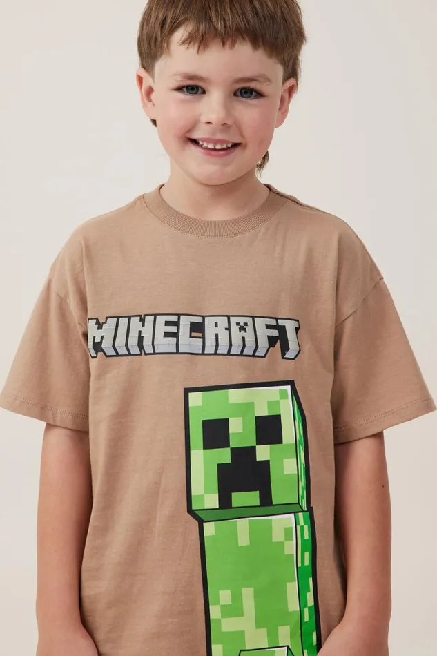 Boys 214 Tops and TShirts Cotton On License Drop Shoulder Short Sleeve Tee Lcn Min Taupy Brownminecraft Creeper