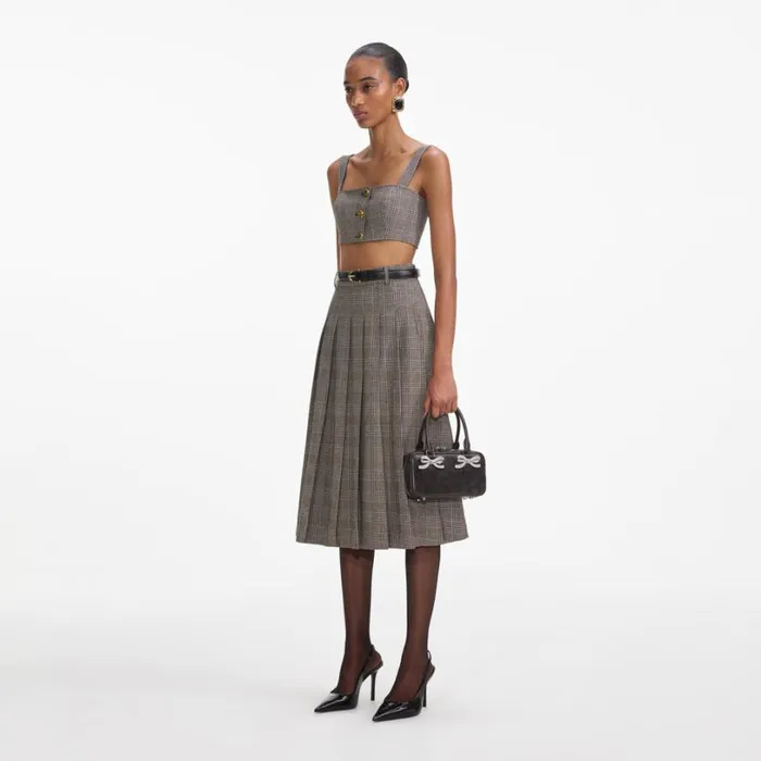 Brown Check Pleated Midi Skirt Women Self Portrait Bottoms Brown Check Pleated Midi Skirt Women Self Portrait Bottoms