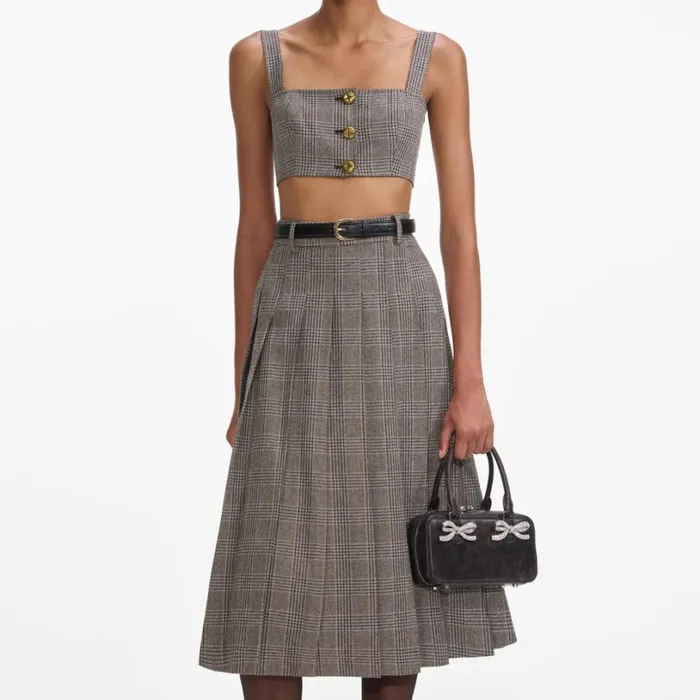 Brown Check Pleated Midi Skirt Women Self Portrait Bottoms Brown Check Pleated Midi Skirt Women Self Portrait Bottoms