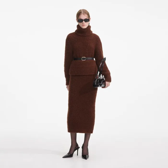Brown Fluffy Knit Midi Skirt Women Self Portrait Knitwear