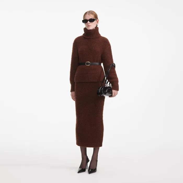 Brown Fluffy Knit Midi Skirt Women Self Portrait Knitwear Brown Fluffy Knit Midi Skirt Women Self Portrait Knitwear