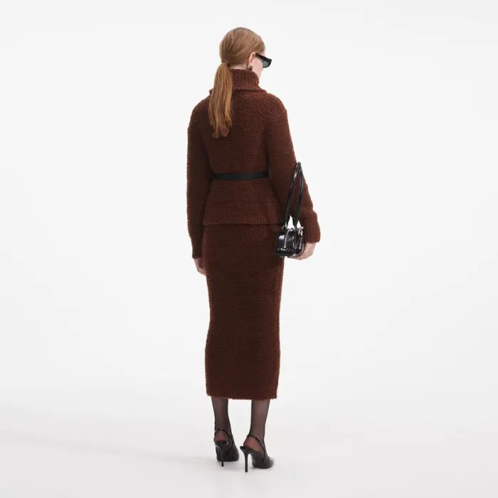 Brown Fluffy Knit Midi Skirt Women Self Portrait Knitwear Brown Fluffy Knit Midi Skirt Women Self Portrait Knitwear