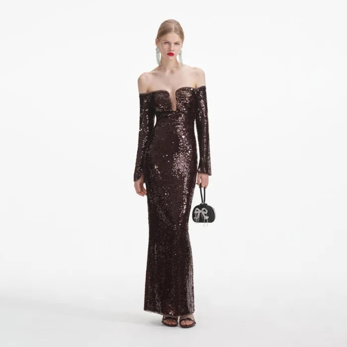 Brown Sequin Off Shoulder Maxi Dress Women Self Portrait Wedding Guest
