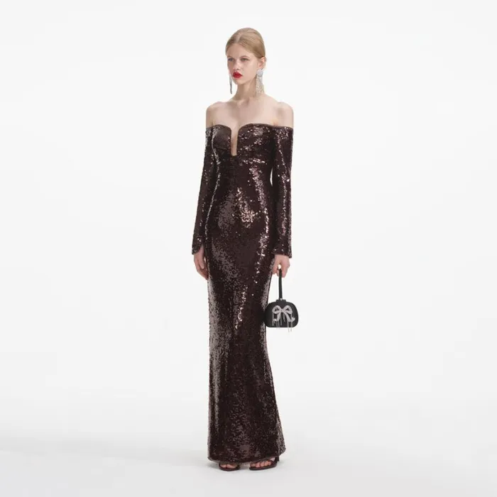 Brown Sequin Off Shoulder Maxi Dress Women Self Portrait Wedding Guest Brown Sequin Off Shoulder Maxi Dress Women Self Portrait Wedding Guest