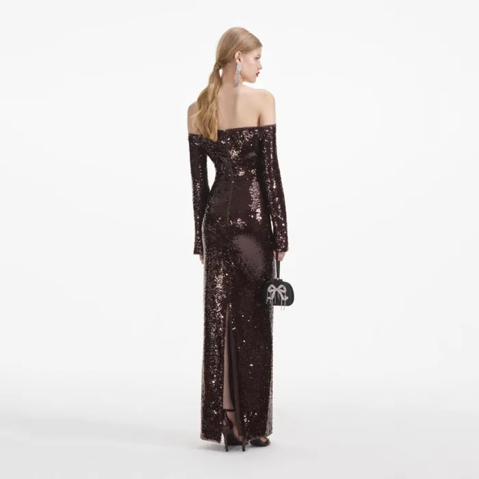 Brown Sequin Off Shoulder Maxi Dress Women Self Portrait Wedding Guest Brown Sequin Off Shoulder Maxi Dress Women Self Portrait Wedding Guest